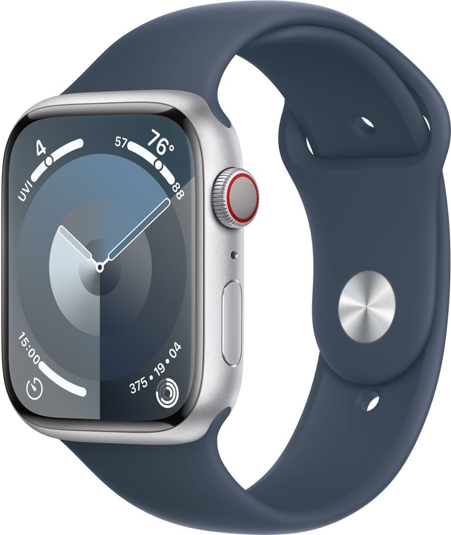 Apple Watch Series 9 (GPS + Cellular) 45mm Silver Aluminum Case with Storm Blue Sport Band Medium-Large - RECON+