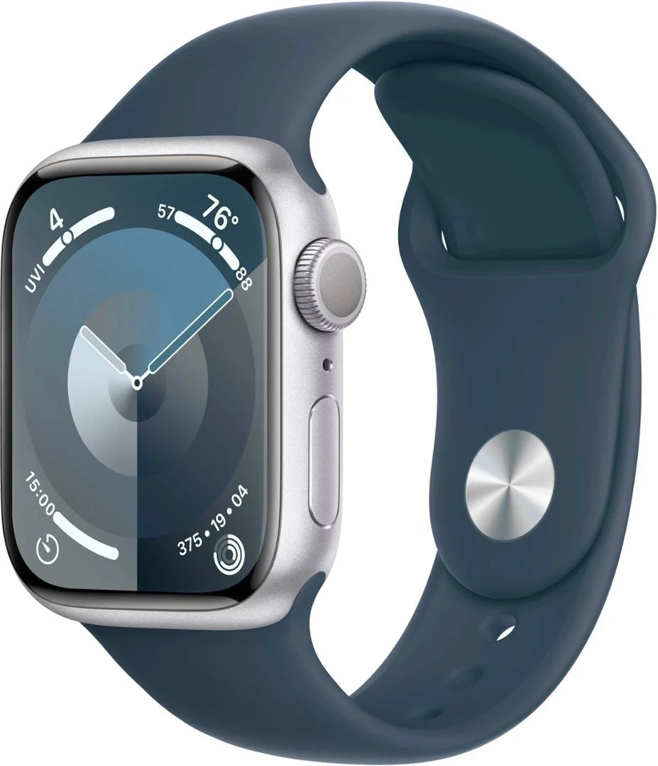 Apple Watch Series 9 (GPS) 41mm Silver Aluminum Case with Storm Blue Sport Band Medium-Large